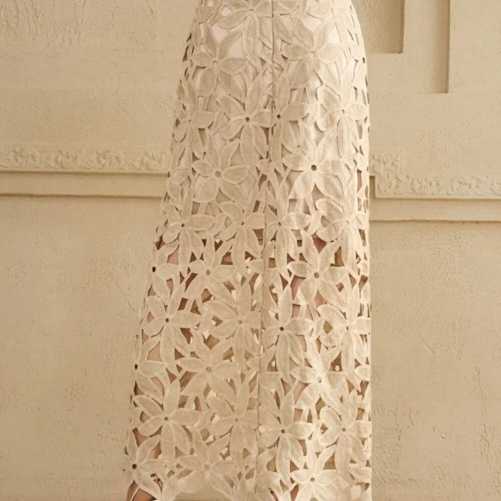 Khaki Casual Women's Floral Lace Cutout A-Line Skirt - Picture 2 of 9